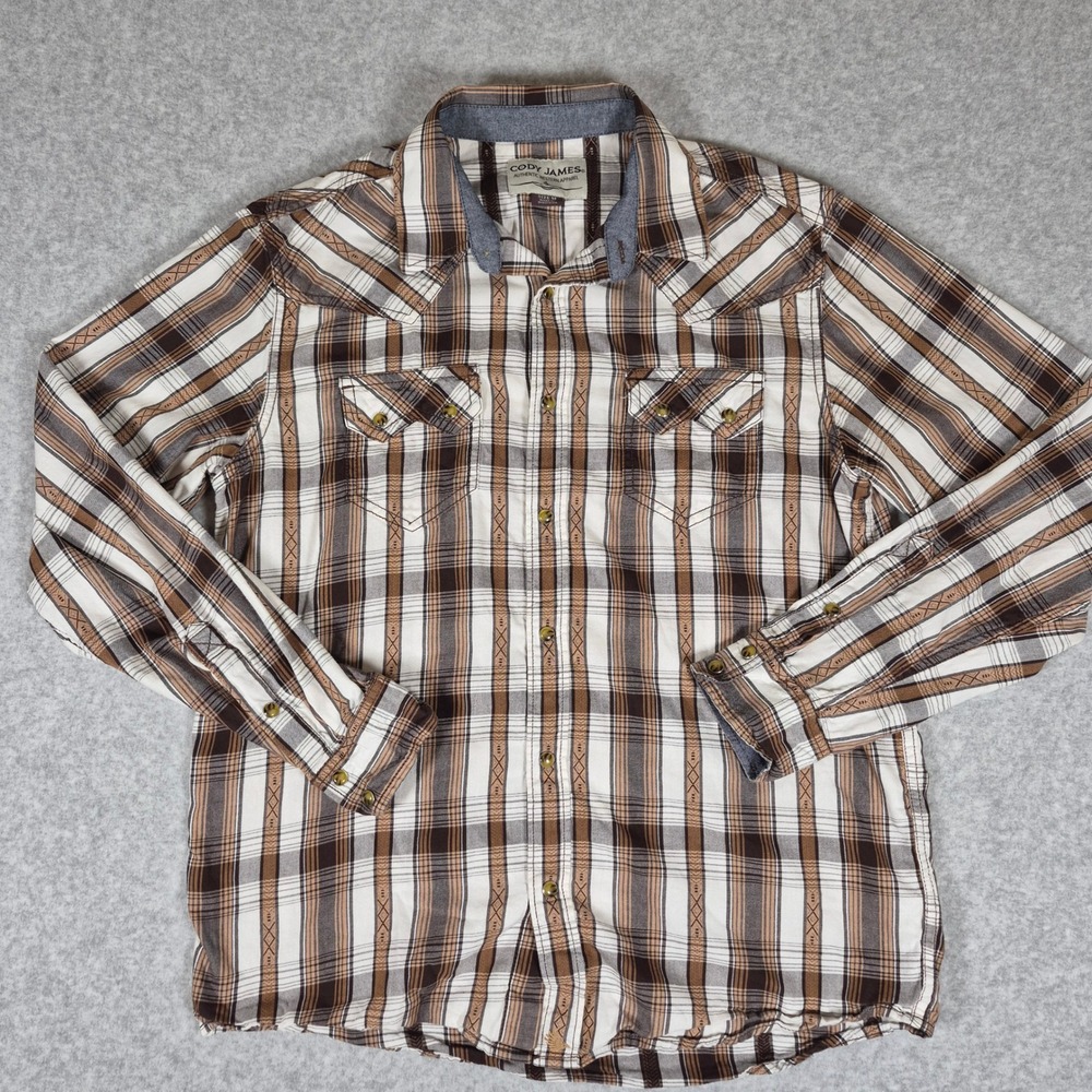 Cody James Western Snap Shirt Mens Medium Brown Plaid Pearl Snap Long Sleeve